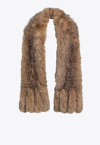 Rotate Birger Christensen Brown Synthetic Fur Scarf In Nude