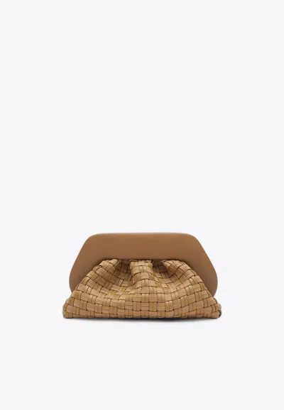 Themoirè Tia Clutch Bag In Biscuit With Woven Suede Motif And Shoulder Strap In Brown
