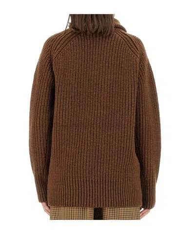 Dries Van Noten Asymmetric Zip Long Sleeve Knit Top In Brown