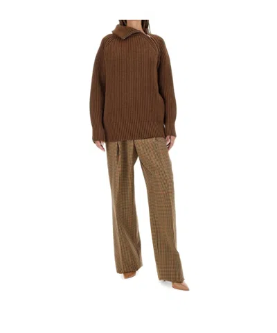 Dries Van Noten Asymmetric Zip Long Sleeve Knit Top In Brown