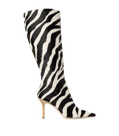 Jimmy Choo X Conner Ives Gloria 85 Zebra Print Pony Hair Knee-high Boots In Black