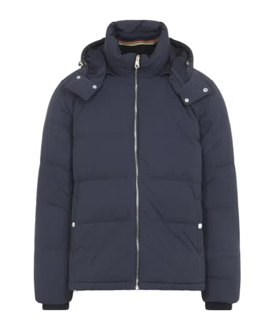 Paul Smith Padded Brown Polyamide Jacket With Detachable Hood And Ribbed Cuffs In Blue