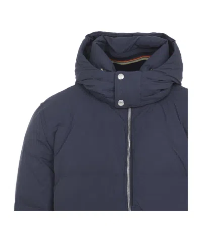 Paul Smith Padded Brown Polyamide Jacket With Detachable Hood And Ribbed Cuffs In Blue