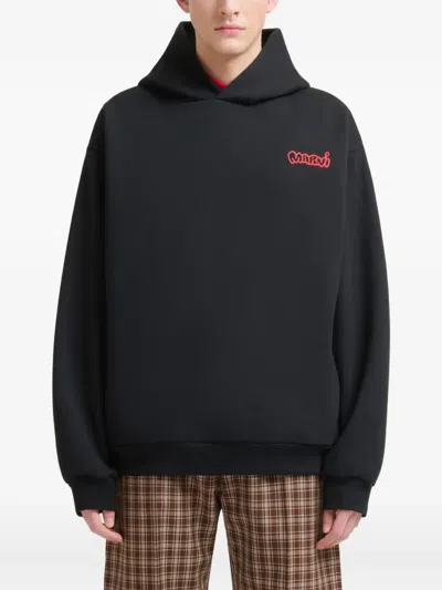 Marni Hooded Cotton Sweatshirt Graphic Print In Black