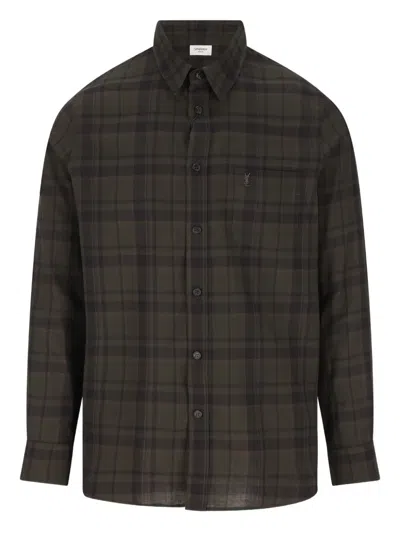 Saint Laurent Button-down Shirt With Curved Hem And Pocket In Brown