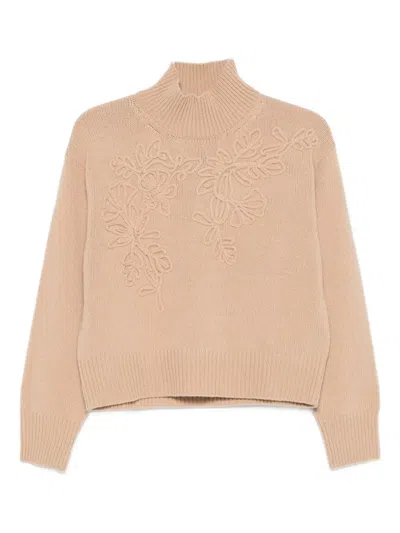 Ermanno Firenze Floral Ribbed Turtleneck Long Sleeve Knitwear In Pink