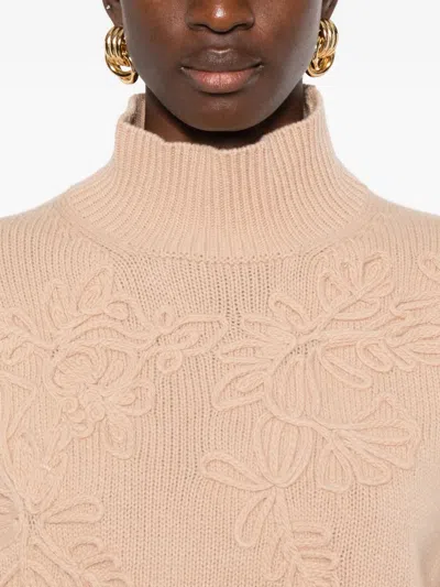 Ermanno Firenze Floral Ribbed Turtleneck Long Sleeve Knitwear In Pink
