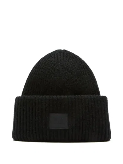 Acne Studios Casual Ribbed Knit Hat With Face Patch In Black