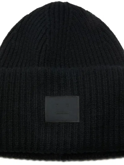 Acne Studios Casual Ribbed Knit Hat With Face Patch In Black