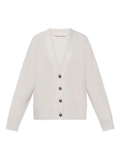 Palm Angels Long Sleeve V Neck Ribbed Knit Cardigan In Neutral