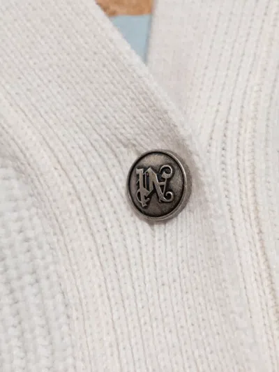 Palm Angels Long Sleeve V Neck Ribbed Knit Cardigan In Neutral