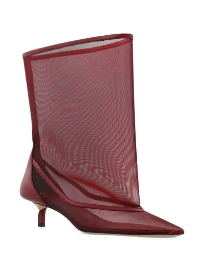 Jacquemus Mid-calf Stiletto Boots Mesh Overlay In Burgundy