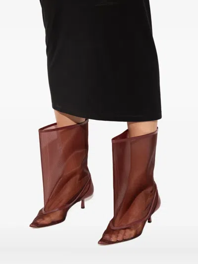 Jacquemus Mid-calf Stiletto Boots Mesh Overlay In Burgundy