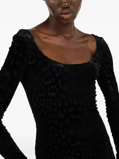 Roberto Cavalli Animal Print Fitted Dress With Long Sleeves In Black
