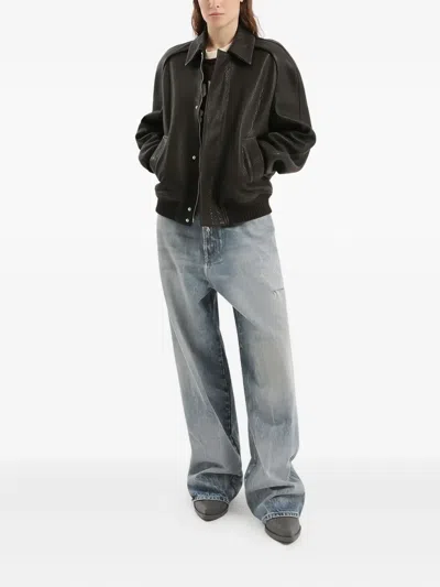 1989 Studio Leather Jacket Collar Front Pockets Ribbed Cuffs Textured Finish In Black