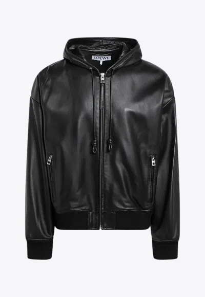 Loewe Leather Hooded Jacket With Logo-patch In Black