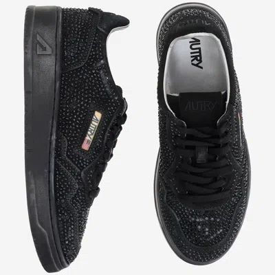 Autry Medalist Low Suede Trainers With Rhinestones In Black