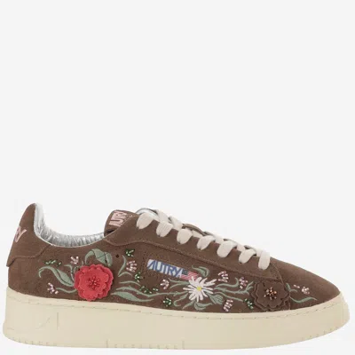 Autry Low-top Sneakers With Floral Embroidery In Rich Brown In Brown