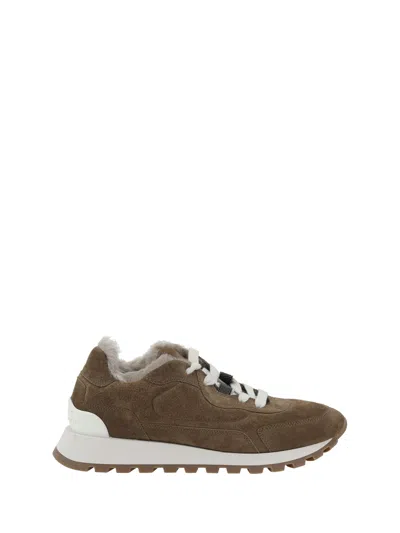 Brunello Cucinelli Suede Sneakers With Rubber Sole Contrast In Brown