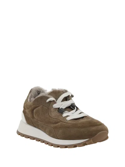 Brunello Cucinelli Suede Sneakers With Rubber Sole Contrast In Brown