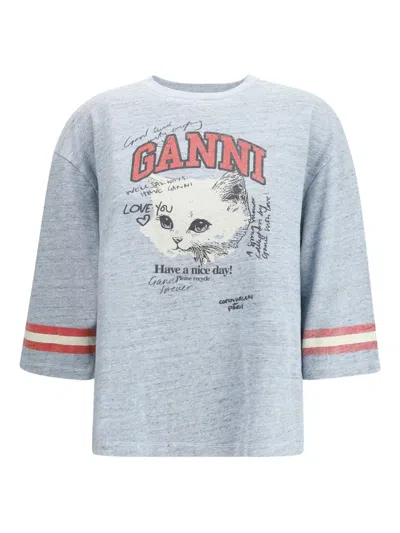 Ganni Graphic Print Top Striped Detail In Blue