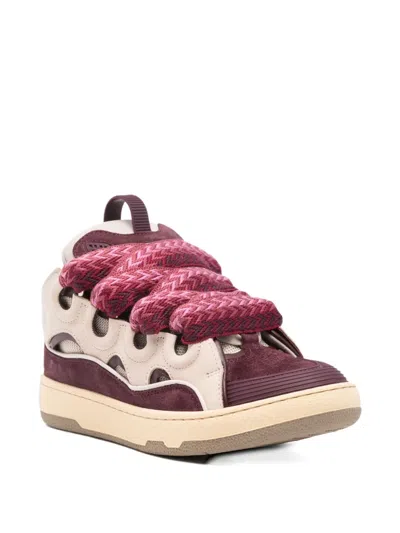 Lanvin Curb Leather And Fabric Sneakers In Beige And Burgundy In Multi