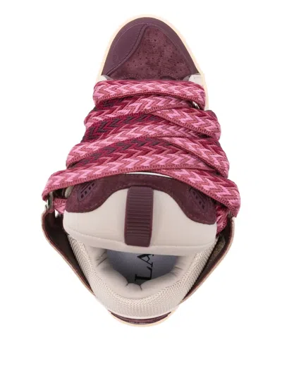 Lanvin Curb Leather And Fabric Sneakers In Beige And Burgundy In Multi