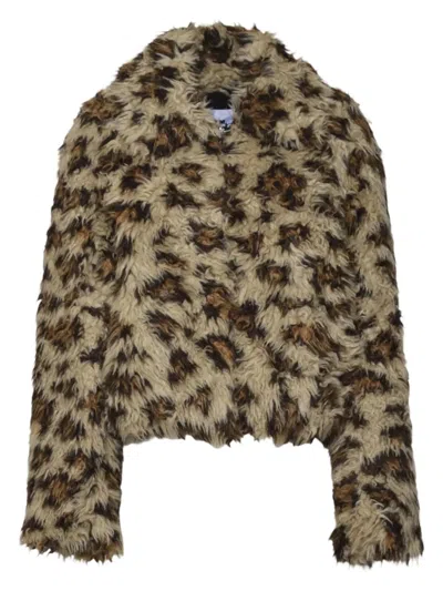 Msgm Leopard Print Faux Fur Coat With Wide Collar In Brown