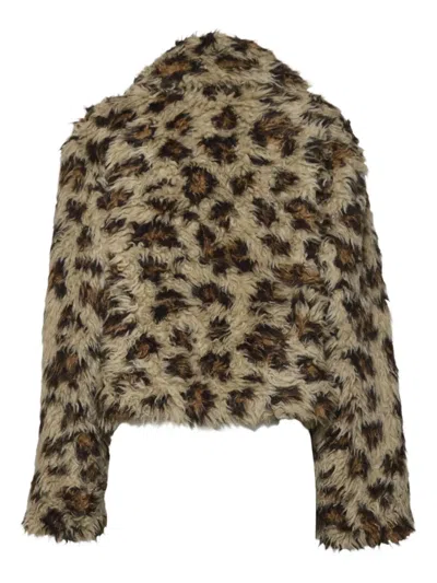 Msgm Leopard Print Faux Fur Coat With Wide Collar In Brown