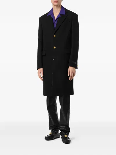 Versace Wool Blend Coat Featuring Back Vent In Black