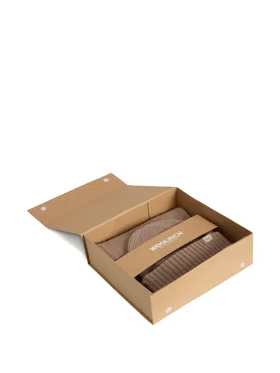 Woolrich Wool Blend Scarf And Beanie Hat Set In Brown