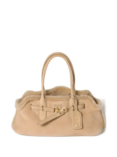 Miu Miu Aventure Shearling Tote Bag In Neutral