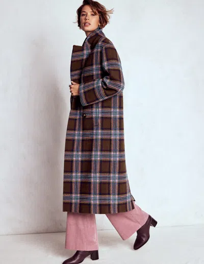 Boden Cocoon Wool Coat Brown, Teal And Pink Check  In Brown