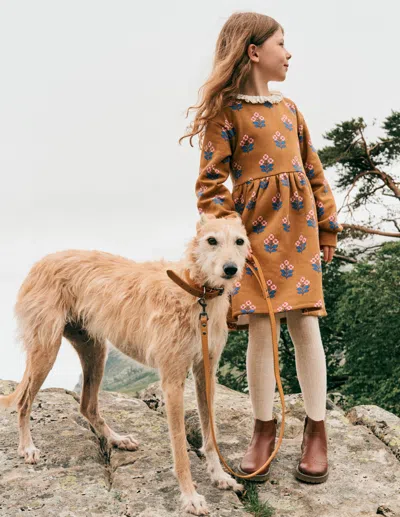 Boden Broderie Sweatshirt Dress Toffee Brown Flower Stamp  In Blue