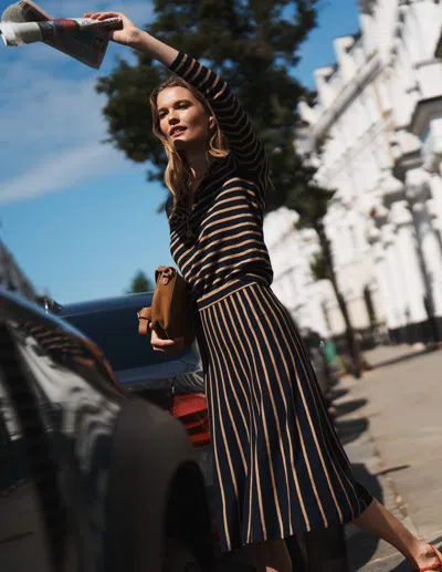 Boden Liz Knitted Midi Skirt Navy And Camel Stripe  In Multi