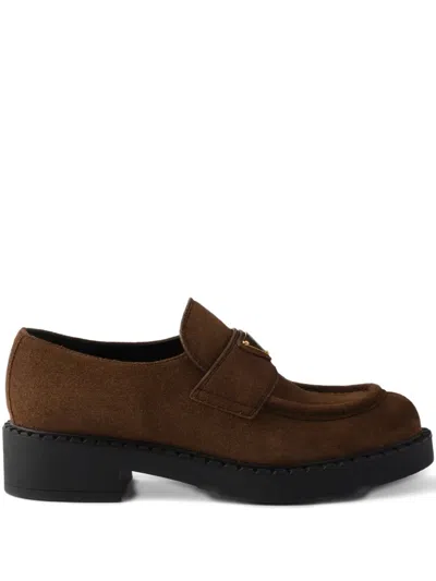 Prada Chocolate Suede Loafers In Brown