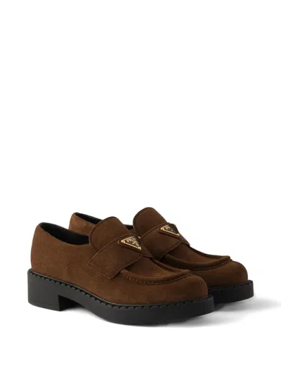 Prada Chocolate Suede Loafers In Brown