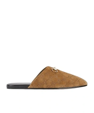 Gucci Men Brown Mule With Horsebit On The Front And All-over Gg Motif In Suede Man In Brown