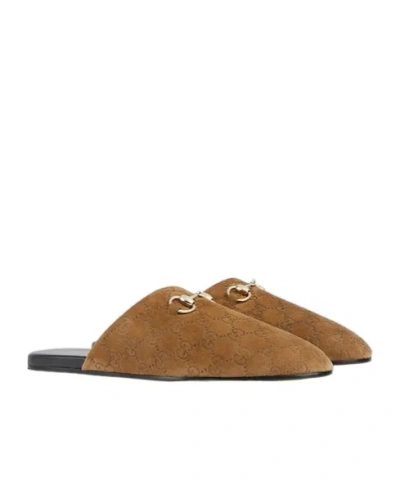 Gucci Men Brown Mule With Horsebit On The Front And All-over Gg Motif In Suede Man In Brown