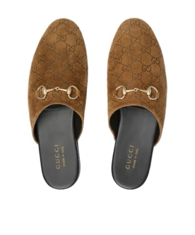 Gucci Men Brown Mule With Horsebit On The Front And All-over Gg Motif In Suede Man In Brown