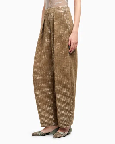 Giorgio Armani Single-pleat Jersey Trousers With A Flocked Print And Sequins In Brown