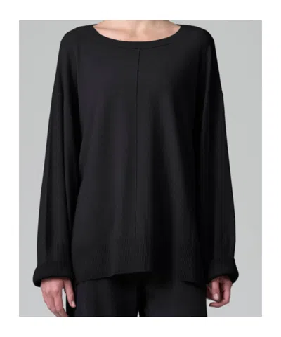 Transit Stretch Viscose And Wool Oversize Knit With Boat Neckline And Ribbed Inserts In Black