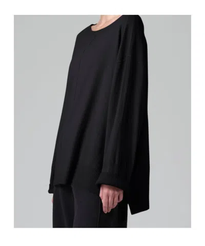 Transit Stretch Viscose And Wool Oversize Knit With Boat Neckline And Ribbed Inserts In Black