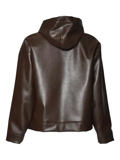 Msgm Brown Faux Leather Jacket With Hood And Minimalist Design In Brown