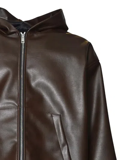 Msgm Brown Faux Leather Jacket With Hood And Minimalist Design In Brown