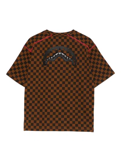 Sprayground Kid Checkerboard-print T-shirt In Brown
