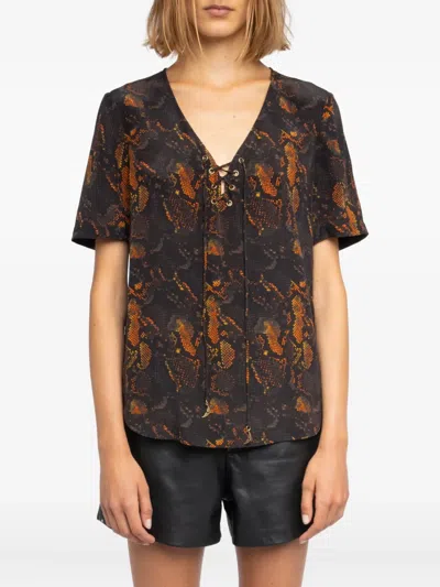 Zadig & Voltaire Terzo Python Print Silk Button-up Shirt In Brown