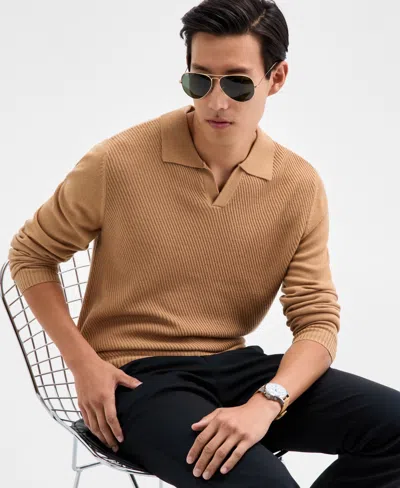 Alfani Men's Long Sleeve Textured Polo Sweater, Macy's Exclusive In Brown