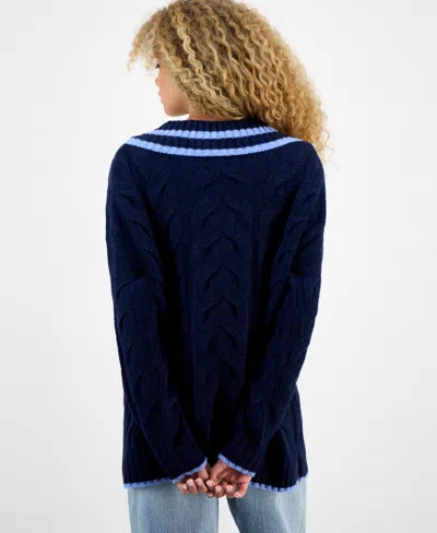 Hippie Rose Juniors' V-neck Cable-knit Sweater In Blue