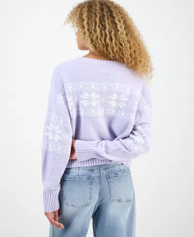 Hippie Rose Juniors' Patterned Knit Chenille Crewneck Sweater In White